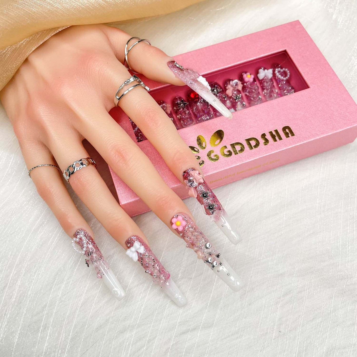 Gddsha 2025 10PCS Long Novel Design And Reusable Handmade Nails 10PCS Pmma Acrylic Nails Press OnNails Kit With Box Gifts For Women,Pink Mirage