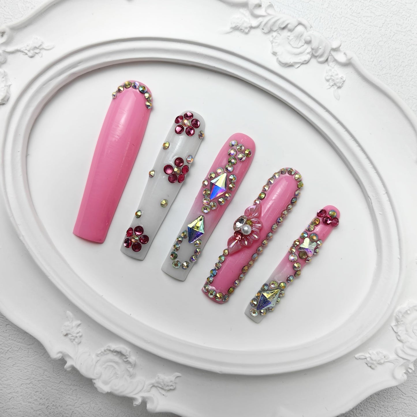 GGddsha 2025 Long Novel Design And Reusable Handmade Nails 10PCS Pmma Acrylic Nails Press OnNails Kit With Box Gifts For Women,Rose Bloom